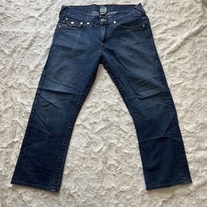 True Religion Jeans Men 33 x 27 Straight Leg Blue Denim Flip Bandana Pocket USA